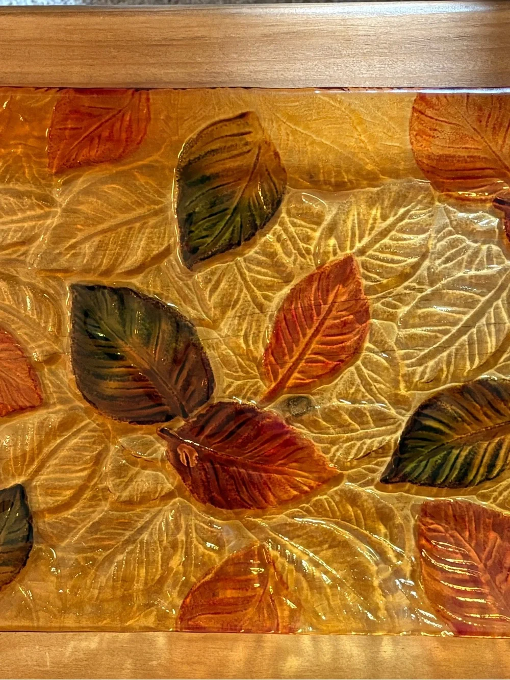 Amber Glass Wall Art Panel with Autumn Leaf Motif